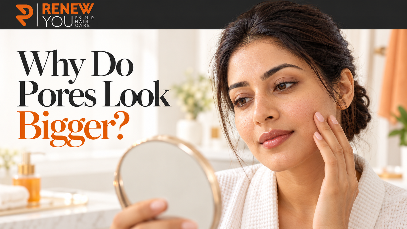 Indian woman examining naturally visible pores around her cheek and nose in a handheld mirror, with the Renew You logo and a pores headline.