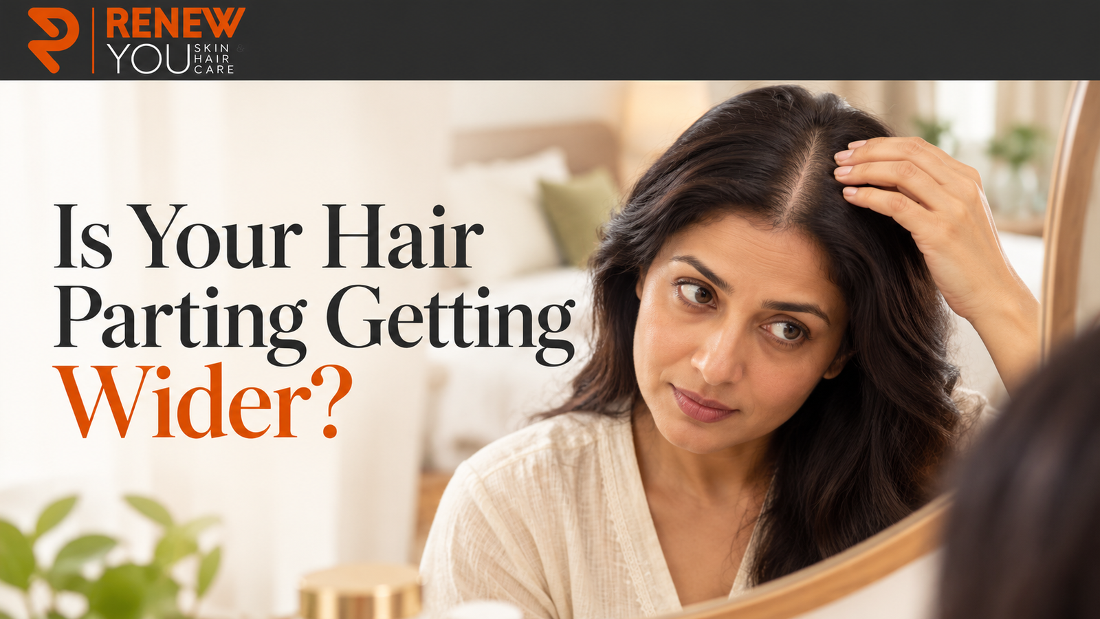 Indian woman gently examining a subtly widened centre hair parting in a mirror, with the Renew You logo and a hair parting headline.